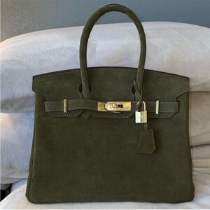 30cm genuine suede leather Olive army Green Suede top handle Handbag